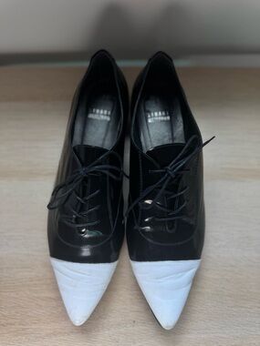 Stuart Weitzman Black and White Pointed Lace-Up Flats